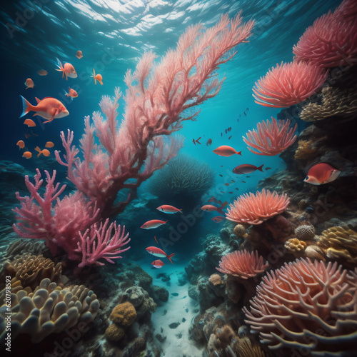 Enchanting underwater world illustration with a palette of aqua blue and coral pink.
