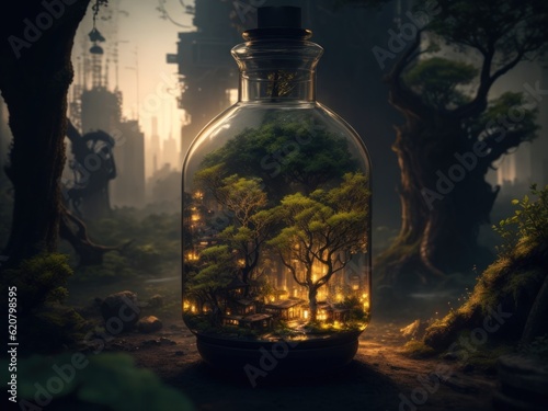 packed jar A small town rich in green forest, set on a wooden table, a big city backdrop full of pollution, the concept of preserving the remaining forests.generative AI