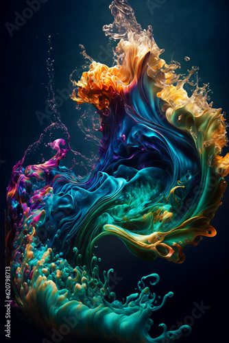 abstract colorful and liquid artwork, oil and water, fantasy fluid paint sculpture, generative ai