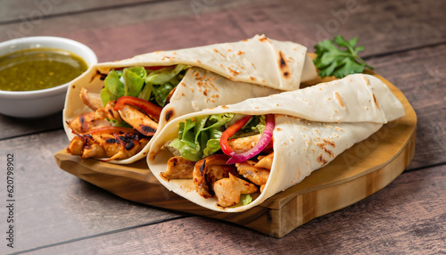 Canvastavla Chicken Veg Wrap Traditional roll kebab paratha tikka wrap served on a wooden plank with chutney and salad, selective focus