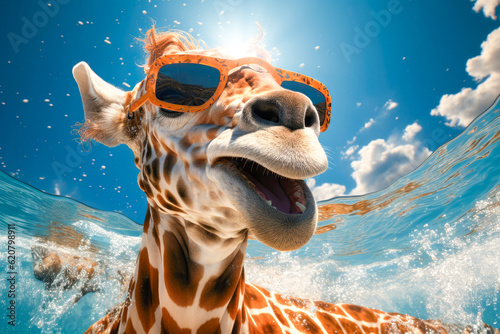 Cute giraffe wearing yellow sunglasses , wave in background, sun light summer background , Generative Ai
