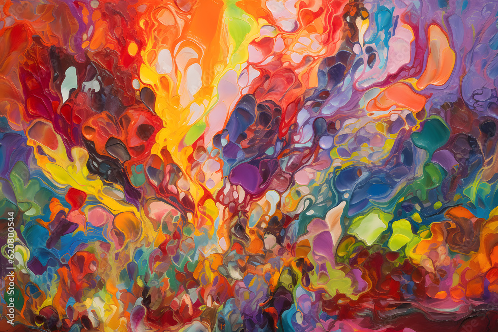 A lively abstract background composed of fluid and organic shapes in a rainbow spectrum of vibrant colors, symbolizing joy, energy and movement. Generative AI