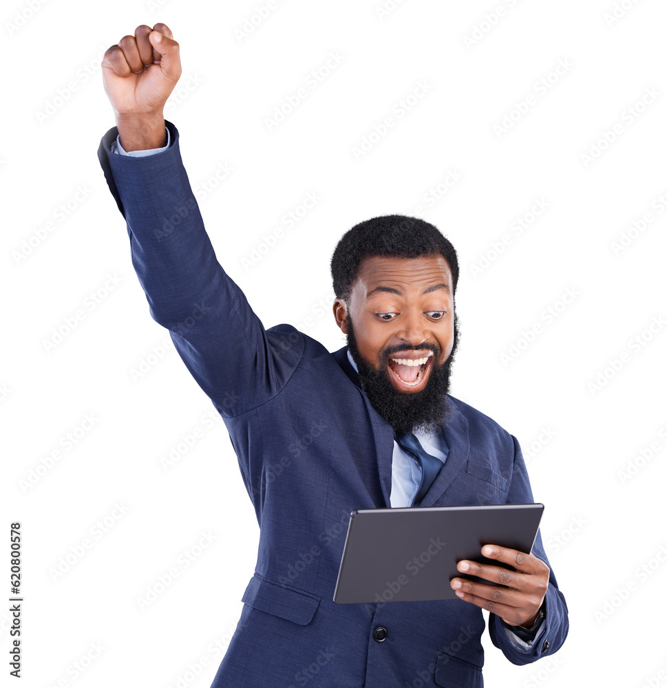 Tablet, winner success and business man for stock market, profit and trading target, bonus and yes. Trader wow, winning and african person with digital tech isolated on a transparent, png background Tablet, winner success and business man for stock market, profit and trading target, bonus and yes. Trader wow, winning and african person with digital tech isolated on a transparent, png background
