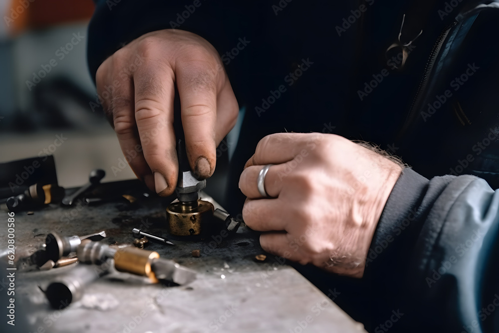 A locksmith repairing or installing locks, detail shot. Generative AI A locksmith repairing or installing locks, detail shot. Generative AI