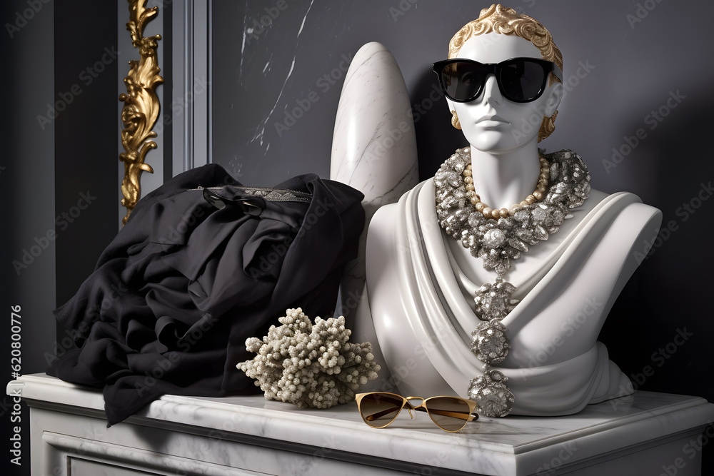 A marble bust of a noblewoman adorned with a collection of modern-day fashion accessories: sunglasses, necklace, designer handbag etc. Generative AI