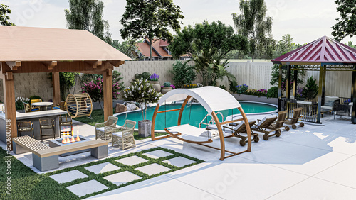 3d rendering of the pool, outdoor kitchen and fire pit  © imran