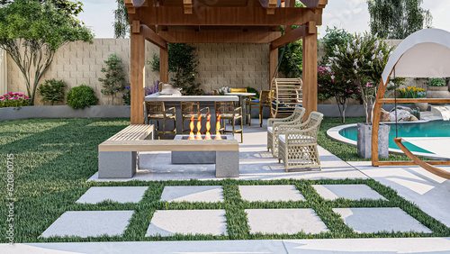 Картината върху платно 3d rendering of Fire pit and outdoor kitchen