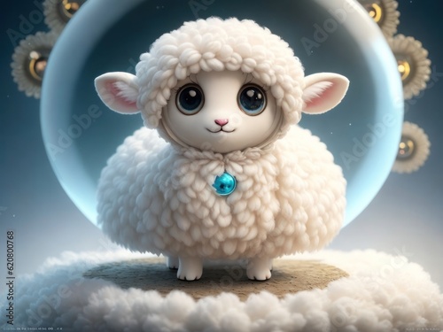 Cute little sheep against a backdrop of ornate glass spheres. Fantasy.generative AI
