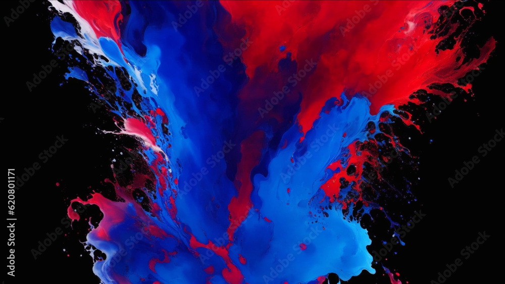 Acrylic blue and red colors in the water. Inkblot. Abstract paints on black background - AI Generative Illustration