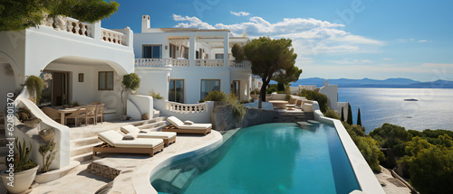 Traditional Mediterranean Retreat with Pool, Hilltop Perch, and Breathtaking Sea Views. Generative Ai. © Vecils