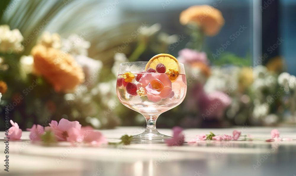 a glass filled with a drink sitting on top of a table. generative ai a glass filled with a drink sitting on top of a table. generative ai