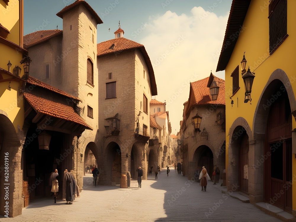 Sunny street of ancient medieval city, Generative AI Illustration Stock ...