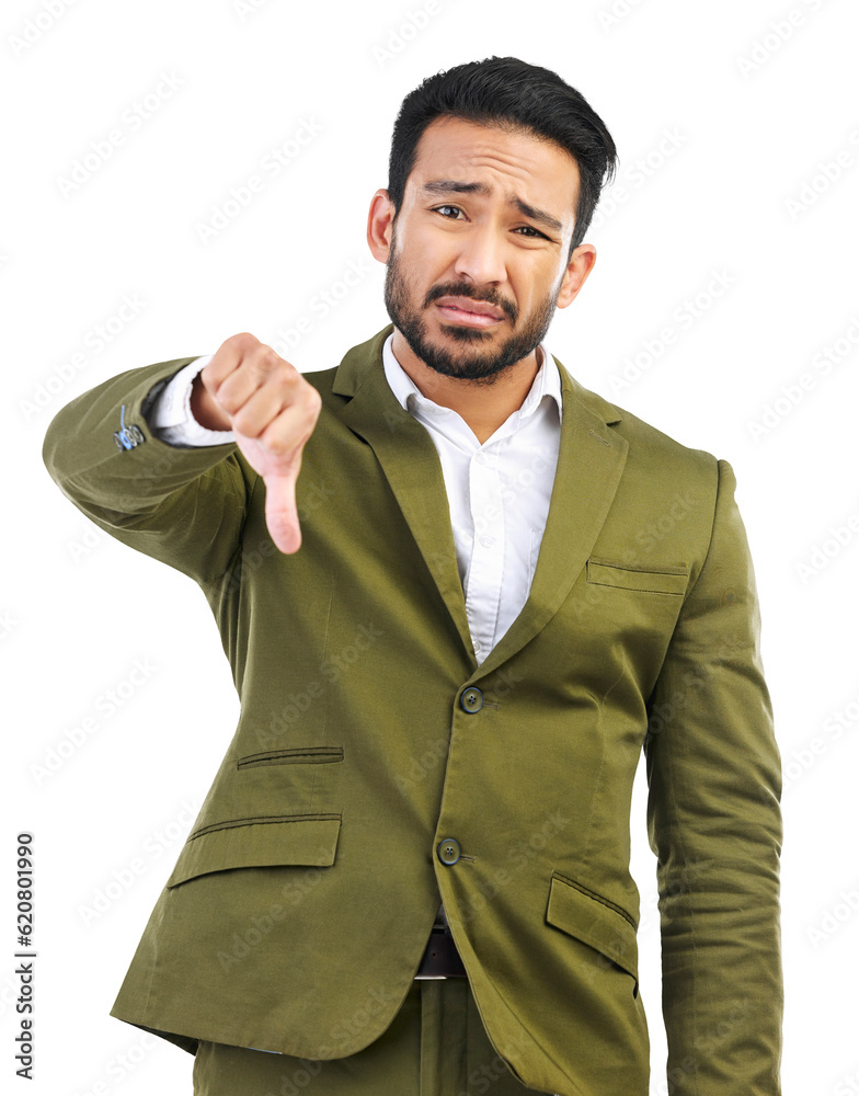 Portrait, corporate and Asian man with thumbs down, review and voting isolated on a transparent background. Male person, entrepreneur and employee with gesture, mistake and emoji with png and choice Portrait, corporate and Asian man with thumbs down, review and voting isolated on a transparent background. Male person, entrepreneur and employee with gesture, mistake and emoji with png and choice
