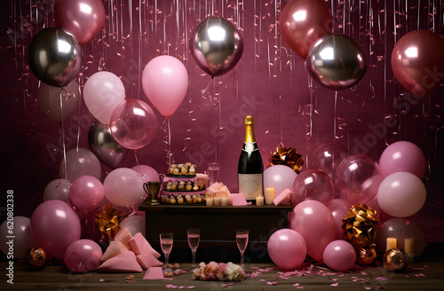 Champagne bottles and birthday decorations in pink and white color scheme, AI GENERATIVE