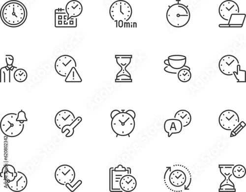 Set of vector line icons related to time. Timer, speed, alarm clock, time management, period, duration. Editable stroke. Pixel perfect.