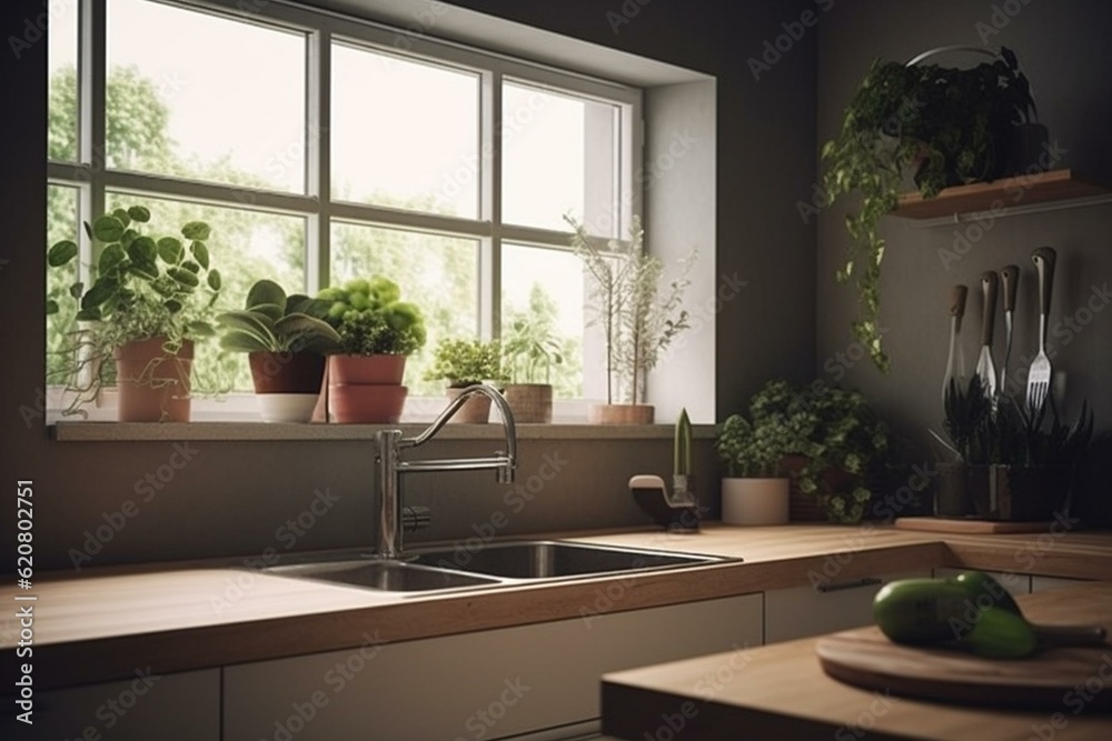 Kitchen with window, sink, counter, stools, and potted plant. Generative AI