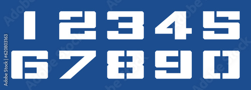 Square stencil numbers from zero to nine. White on blue background	
