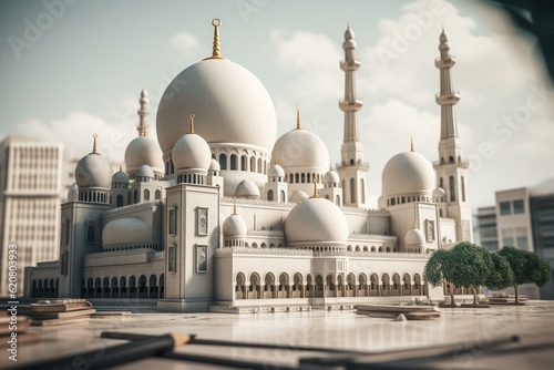 Cartoon design of an Islamic Arabic Zayed grand mosque. Generative AI