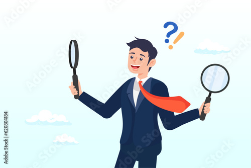 Curious businessman holding magnifying glass observe data with question mark, observation or examination, curiosity to discover secret, search or analyze information, investigate or research (Vector)