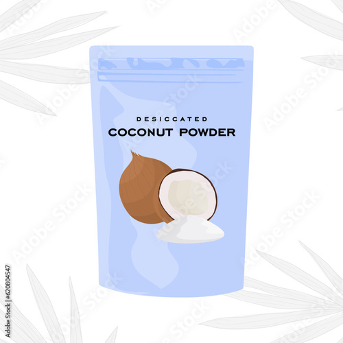 Desiccated coconut powder in blue bag with beautiful packaging. Coconut whole and half with leaves isolated on white background. coco powder in flat style. Exotic fruit vector illustration