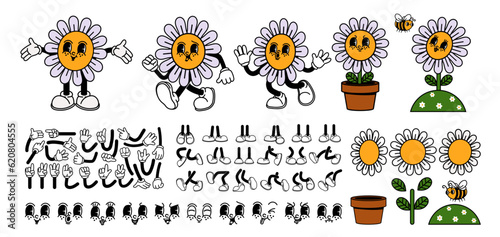 Cartoon flower character. Daisy retro constructor. Smiley flower face, funny walking mascot chamomile with bee, plant in pot. Trendy design sticker, vector set