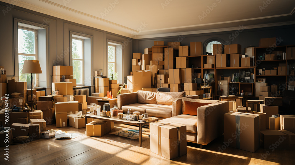 Organizing Room of Boxes, a Room in the Midst of Packing and Relocation. packing boxes to move house. Generative Ai.