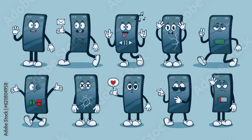 Smartphone character. Cartoon mascot phone. Mobile screen face emotions. Comic mobile phone poses with hand and leg, funny staying gadget, device sending email, vector set