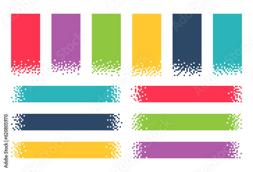 Pixel banners. Header footer banner rectangles with pixel digital edges, vertical and horizontal title boxes, pixelated gradient grunge texture vector set