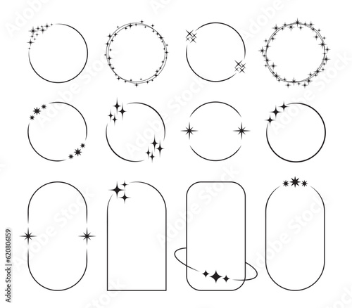 Star frame. Line borders with stars, boho round and rectangular frames. Y2k aesthetic minimal retro starry elements, arch with stardust. Sparkle vector set