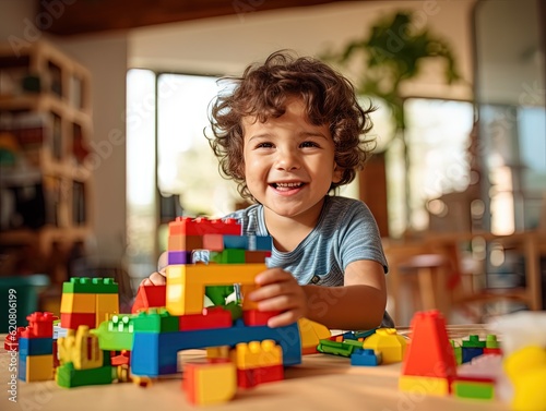 Slika na platnu young kid playing with blocks at home, ai generated