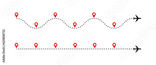 Timeline. Plane route dashed line with red map pins, airplane journey path chart with six steps. Success business process diagram vector timelines infographics