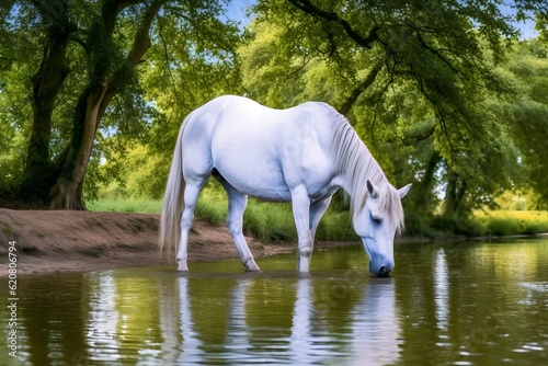 a white horse drinking in the river