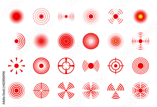 Pain circle. Red pain spots, headache and muscle, joint hurt point with waves, ache target rings for painkiller pills medicine isolated vector set