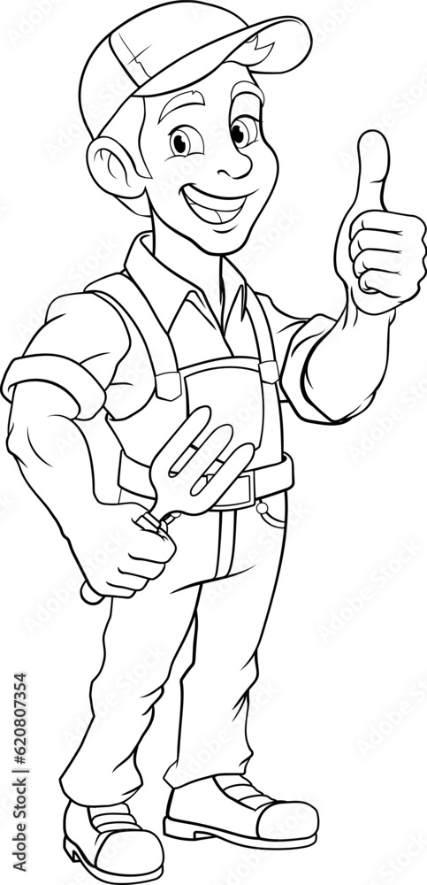 A gardener, farmer or handyman cartoon mascot man holding a gardening tool