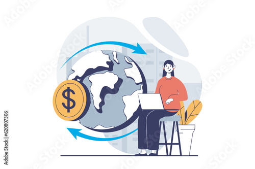 Global economic concept with people scene in flat design for web. Businesswoman investing and getting profit in worldwide exchange. Vector illustration for social media banner, marketing material.