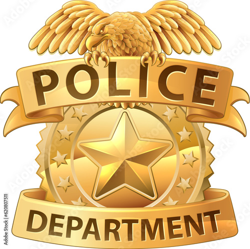 A police badge shield star sheriff cop crest emblem or symbol motif with eagle