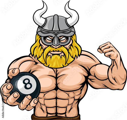 A viking angry mean pool billiards mascot cartoon character holding a black 8 ball.