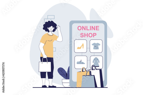 Mobile commerce concept with people scene in flat design for web. Woman choosing goods in assortment of online store in mobile app. Vector illustration for social media banner, marketing material.