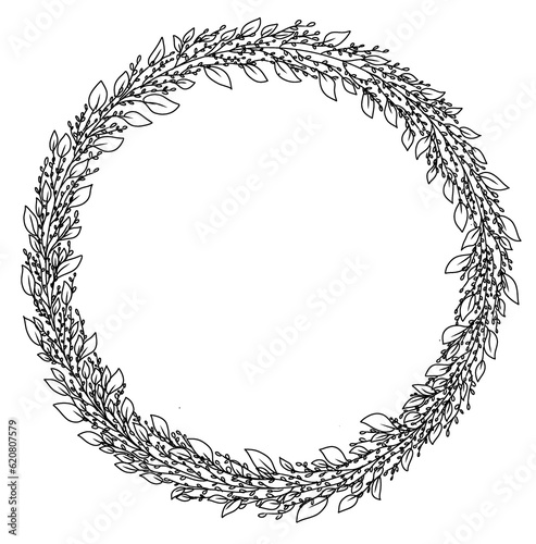 Hand-Drawn Line Art of Flowers and Leaves Circle Frame on a Transparent PNG wedding card decorative