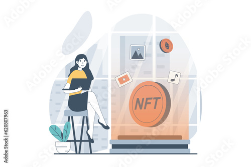 NFT token concept with people scene in flat design for web. Woman buying or selling digital art in virtual marketplaces with crypto. Vector illustration for social media banner, marketing material.