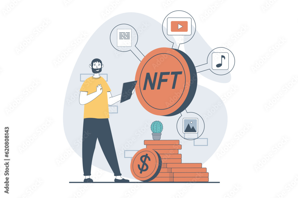 NFT token concept with people scene in flat design for web. Man investing cryptocurrencies in digital artworks with non fungible token. Vector illustration for social media banner, marketing material.