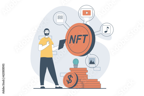 NFT token concept with people scene in flat design for web. Man investing cryptocurrencies in digital artworks with non fungible token. Vector illustration for social media banner, marketing material.