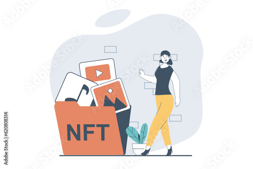 NFT token concept with people scene in flat design for web. Woman collecting non fungible token digital content or artwork painting. Vector illustration for social media banner, marketing material.