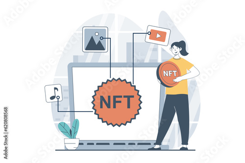 NFT token concept with people scene in flat design for web. Woman creating unique tokens for collectible artwork in virtual gallery. Vector illustration for social media banner, marketing material.