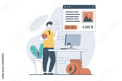 NFT token concept with people scene in flat design for web. Man buying collectible artworks with crypto coins in virtual gallery. Vector illustration for social media banner, marketing material.