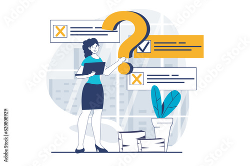 Online survey concept with people scene in flat design for web. Woman choosing right answers for filling quiz answering questions. Vector illustration for social media banner, marketing material.