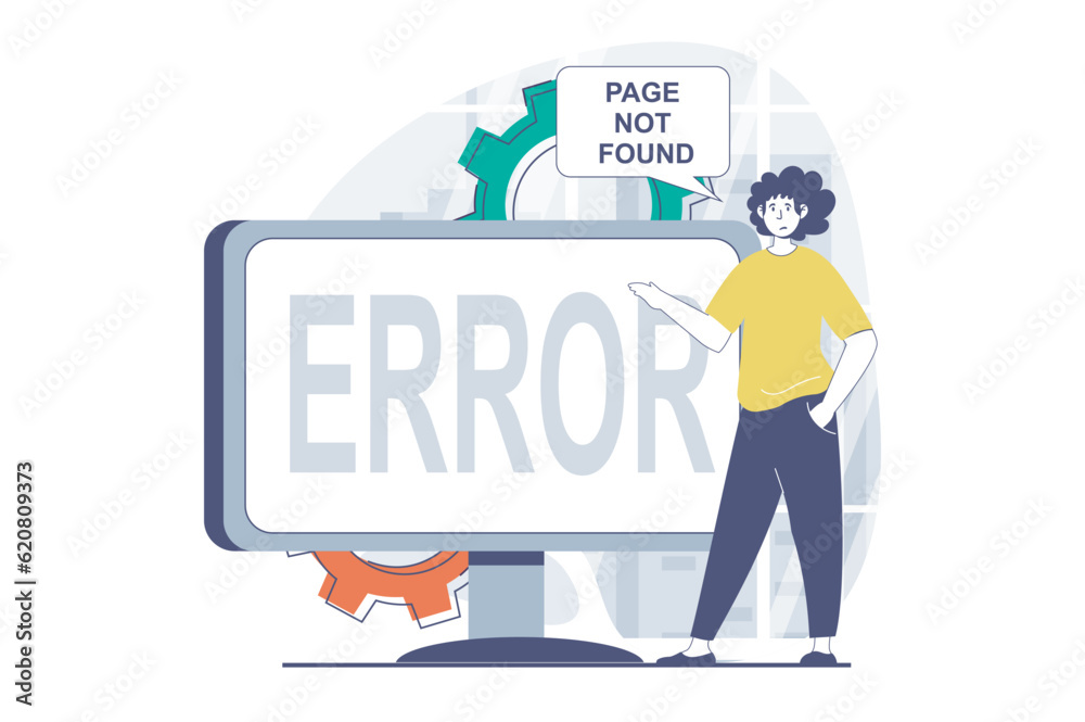 Page not found concept with people scene in flat design for web. Man points to screen with connection error and disconnect message. Vector illustration for social media banner, marketing material.
