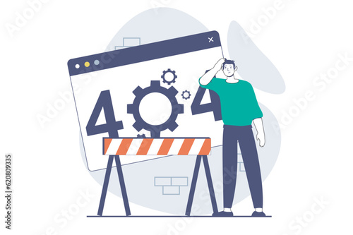 Page not found concept with people scene in flat design for web. Man sees connection problems message and under construction sign. Vector illustration for social media banner, marketing material.