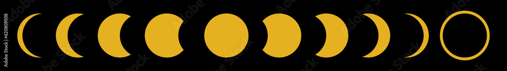 Simple image of phases of the moon month. Stars and moon icons on a black blank simple background. For designs or wallpaper use. Decorative element. Astronomy ornamental illustration beautiful image.