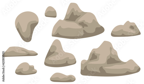 Various stones in different various sizes. Rock element for background or game asset. Natural boulders in grey color in cartoony drawing illustration style.